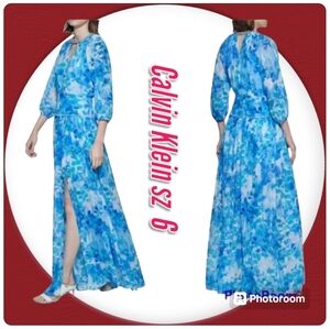 Calvin Klein beaded necklace puff long sleeves White Floral Flowy Maxi Dress